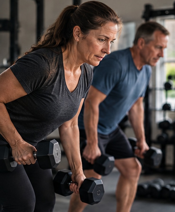 Adults in their fifties doing approachable strength training